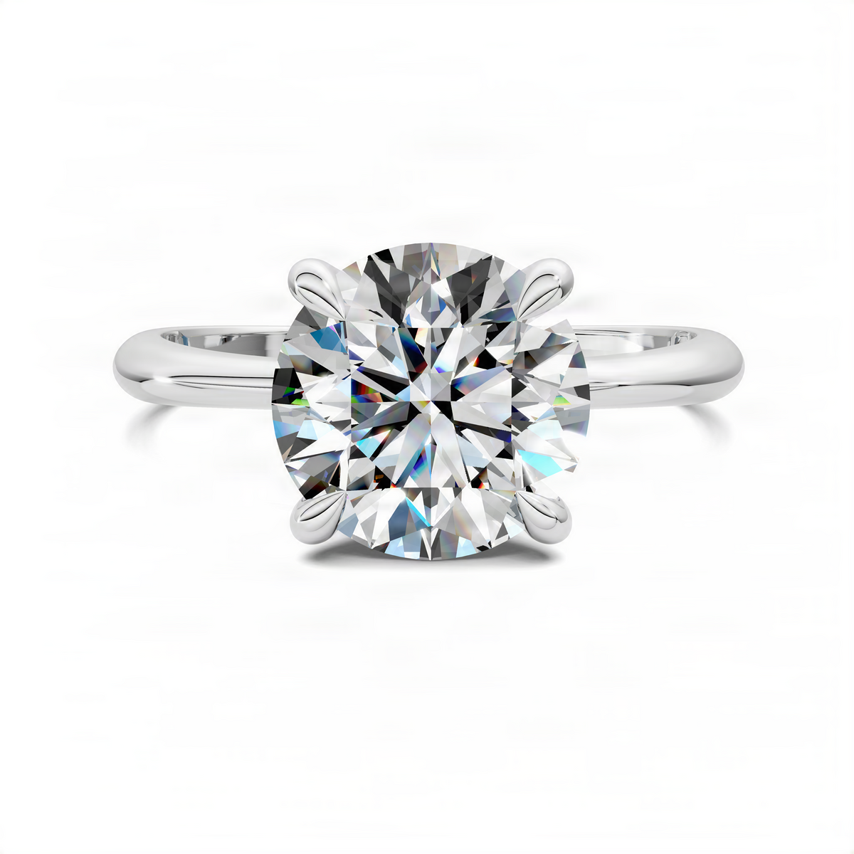 White gold round diamond solitaire ring with vine-style split prongs