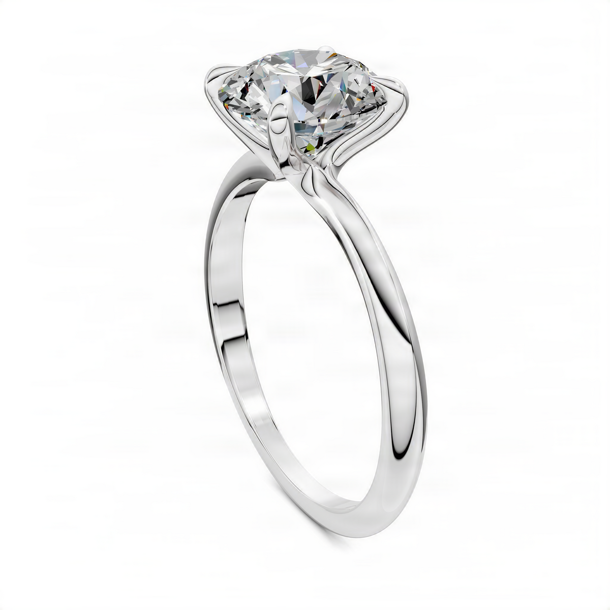 Platinum round diamond solitaire ring with vine-style split prongs, side view