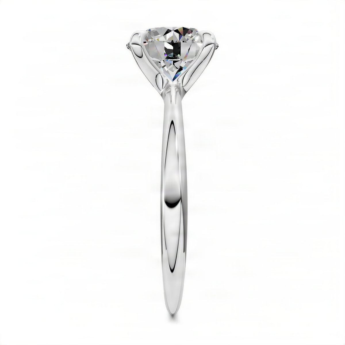 Round solitaire diamond ring with prong-set center stone and slim tapered band
