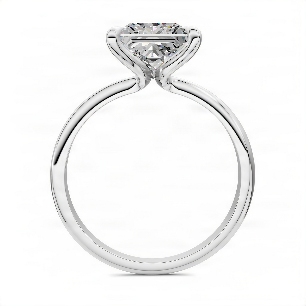 Princess solitaire ring with clear center stone, white metal band and twisted prongs.