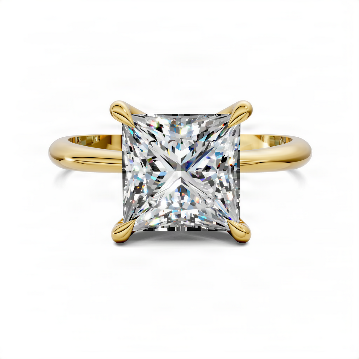 Princess solitaire ring with square-cut clear center stone, yellow gold band and prongs.