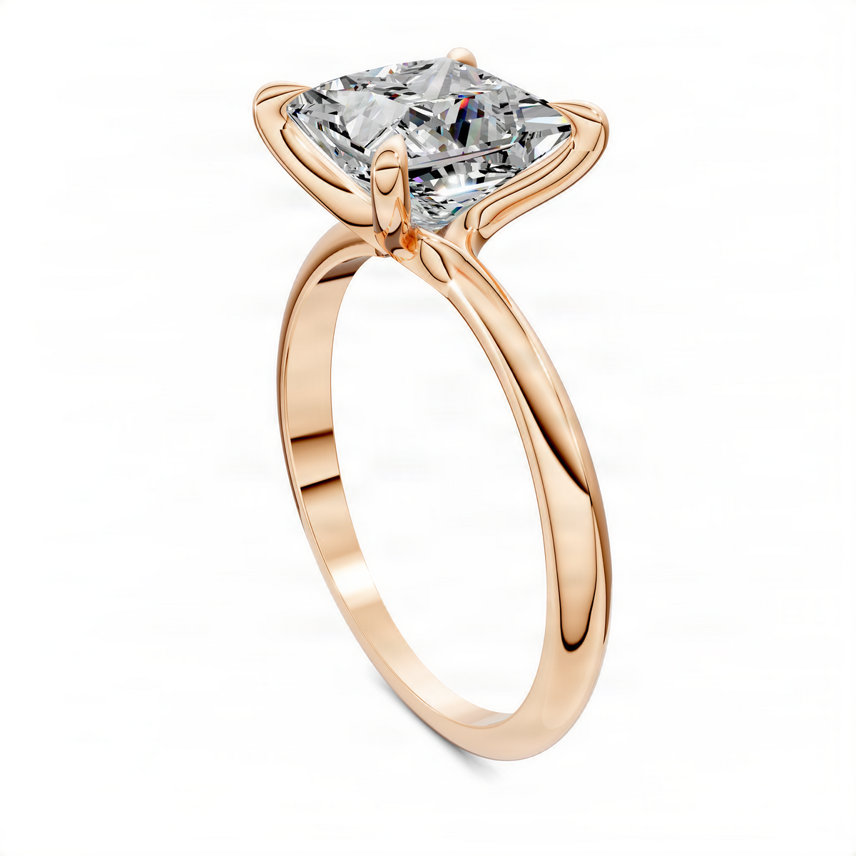 Princess solitaire ring with clear center stone, rose gold band with twisted prong details.