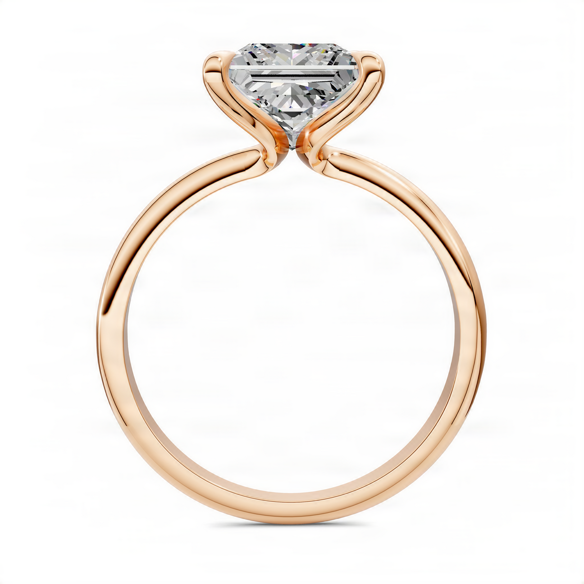 Princess solitaire ring with clear center stone, rose gold band and sculpted side profile.