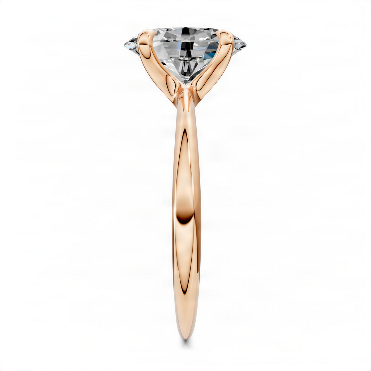 Oval solitaire engagement ring with clear diamond, rose gold slim band with vine setting.