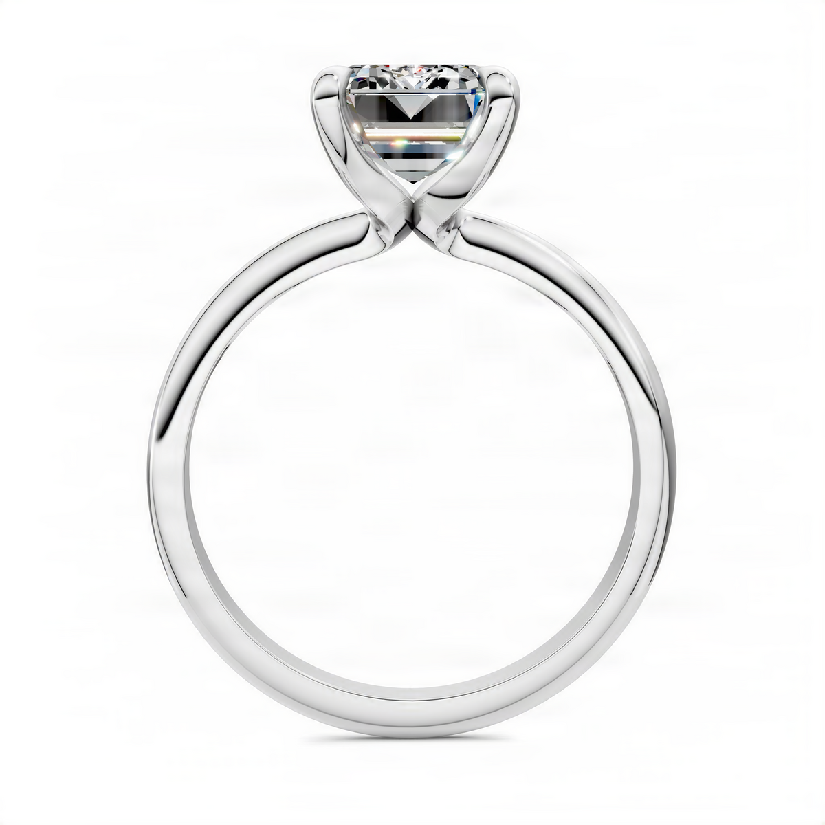 White gold solitaire ring with emerald-cut center stone, arched split band