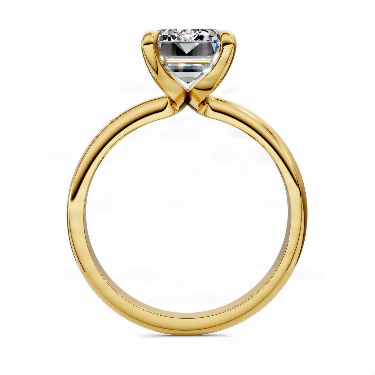 Yellow gold solitaire ring with emerald-cut center stone and curved split shoulders