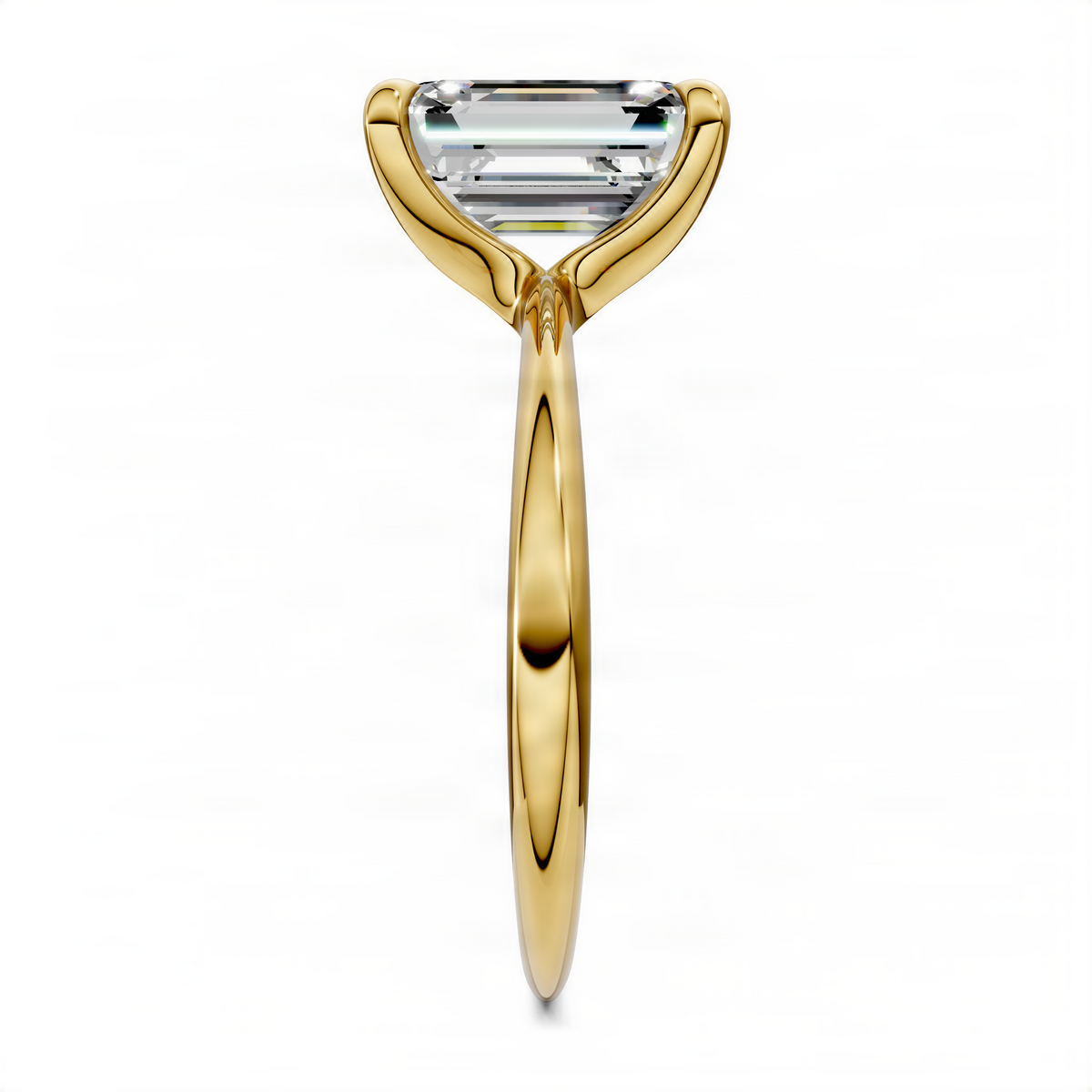 Yellow gold solitaire ring with emerald-cut center stone from a side view