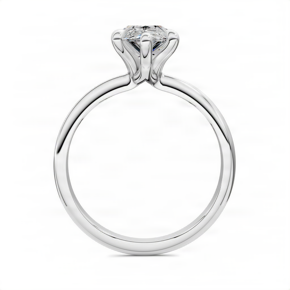Platinum pear solitaire ring top view with prong-set diamond and smooth band
