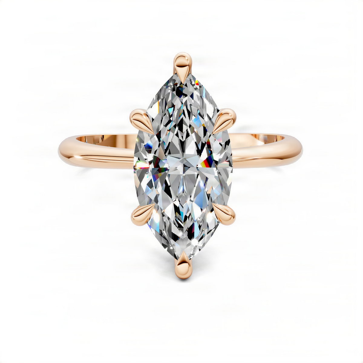 Marquise solitaire engagement ring with prong-set oval center stone, rose-gold band