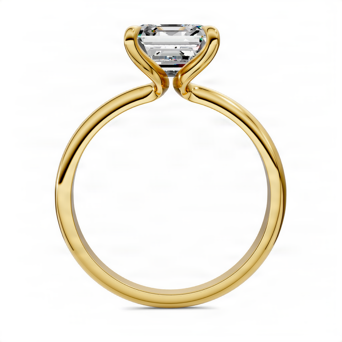 Yellow gold vine solitaire ring with asscher-cut center stone and smooth open shank.