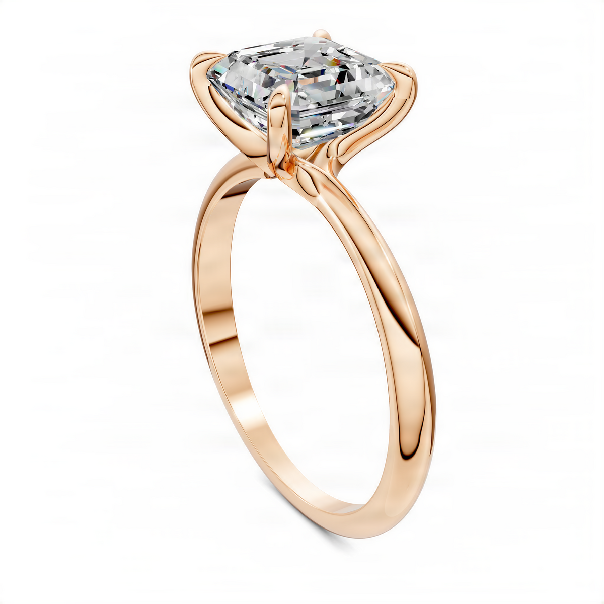 Rose gold asscher-cut solitaire ring with vine prongs and smooth curved band.