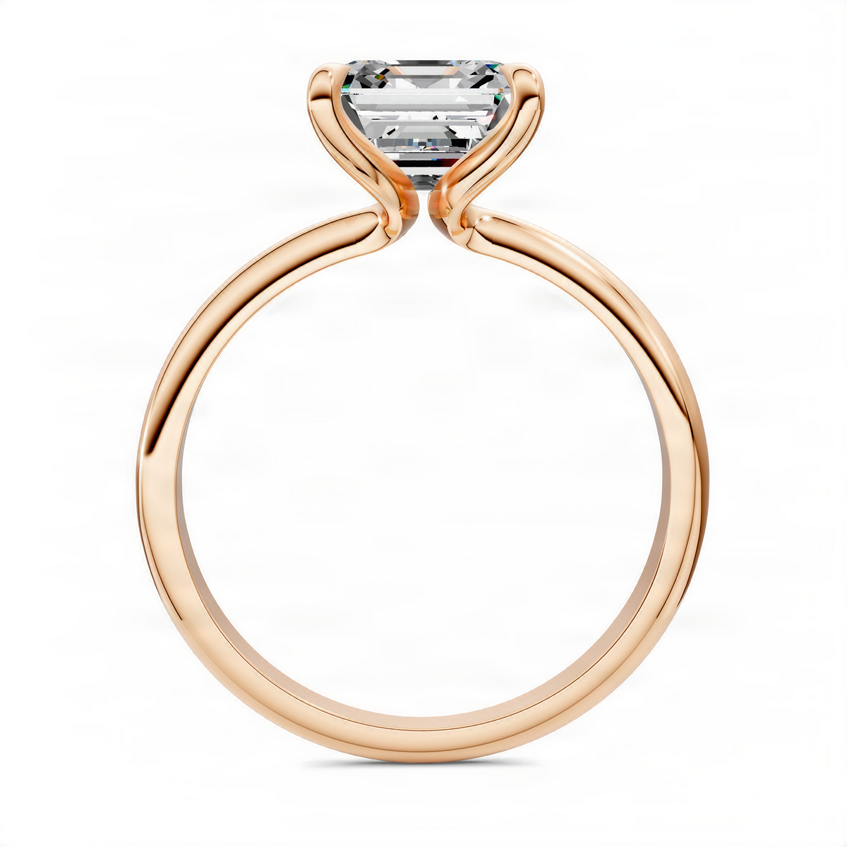Rose gold vine solitaire ring with asscher-cut center stone and smooth curved shank.