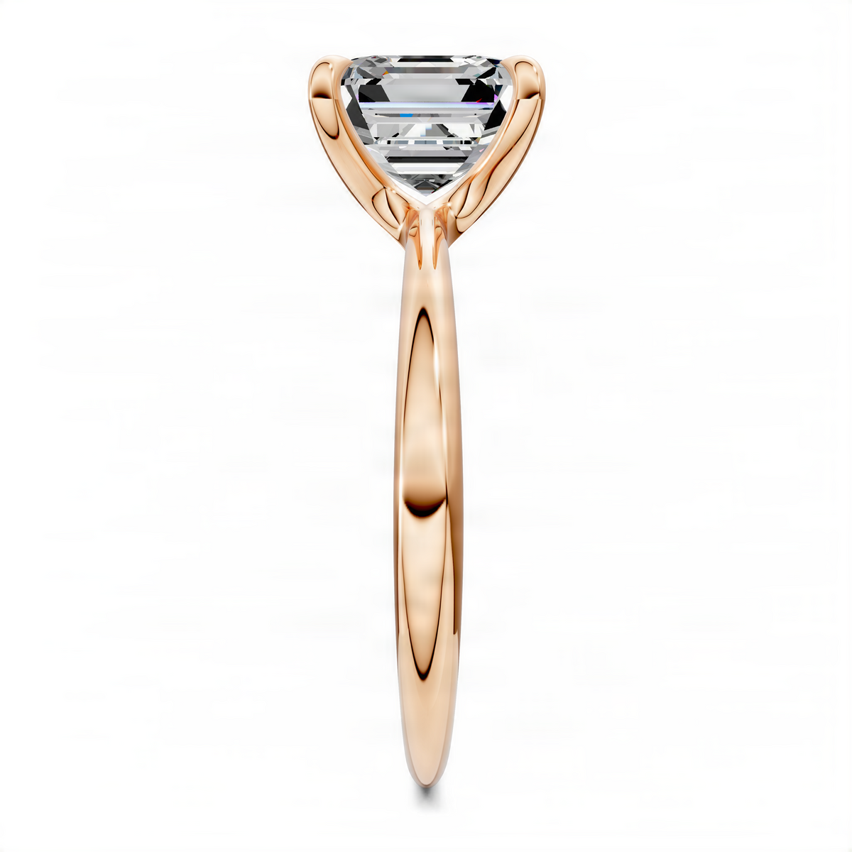 Rose gold asscher-cut solitaire ring with tapered setting and vine prongs.