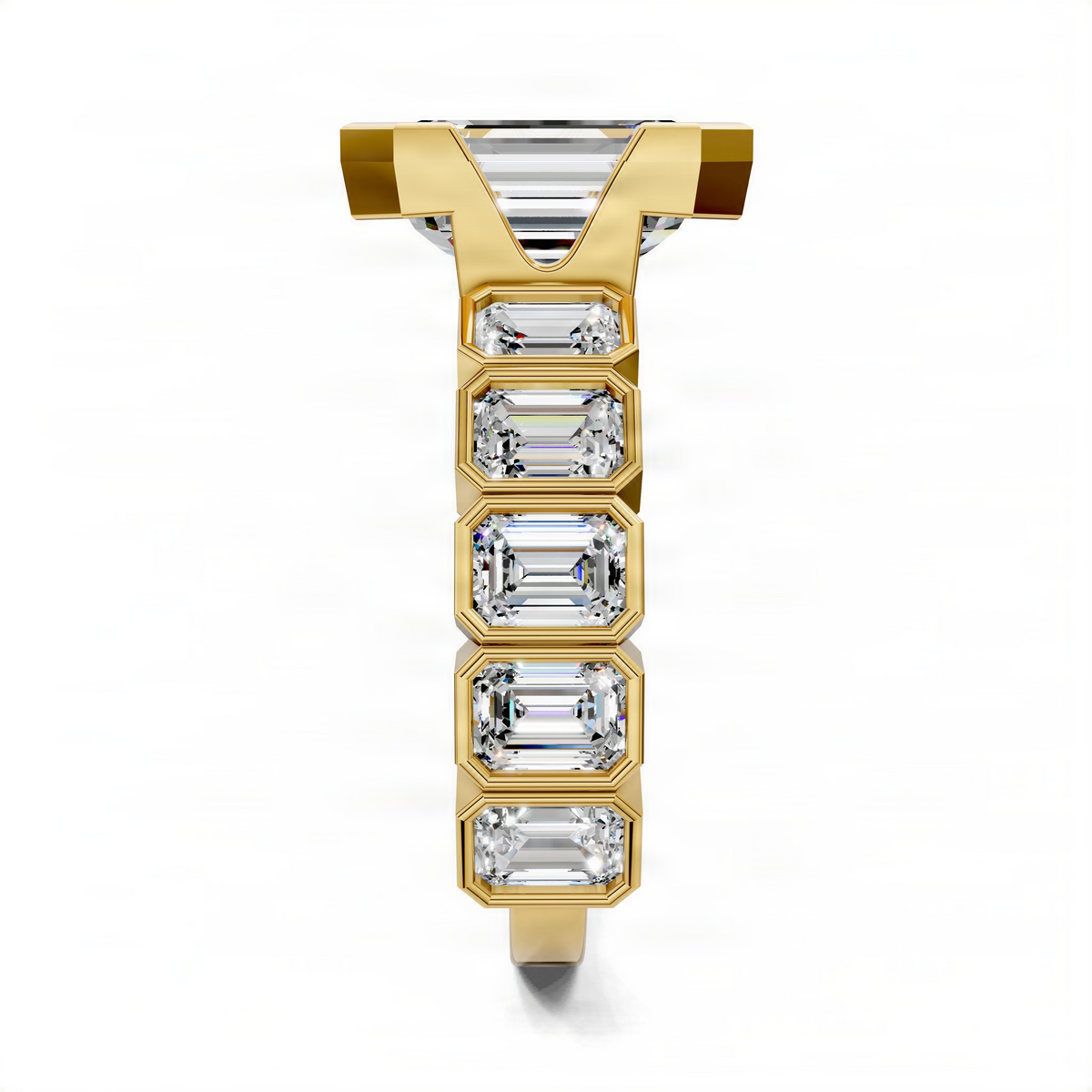 Yellow gold engagement ring with emerald-cut stones stacked in a vertical line