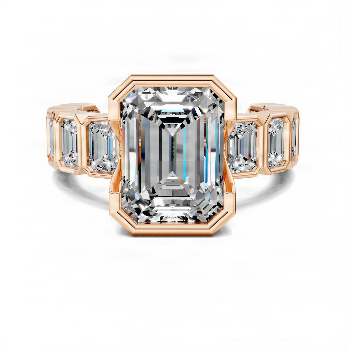 Rose gold engagement ring with emerald-cut center stone and side baguette diamonds