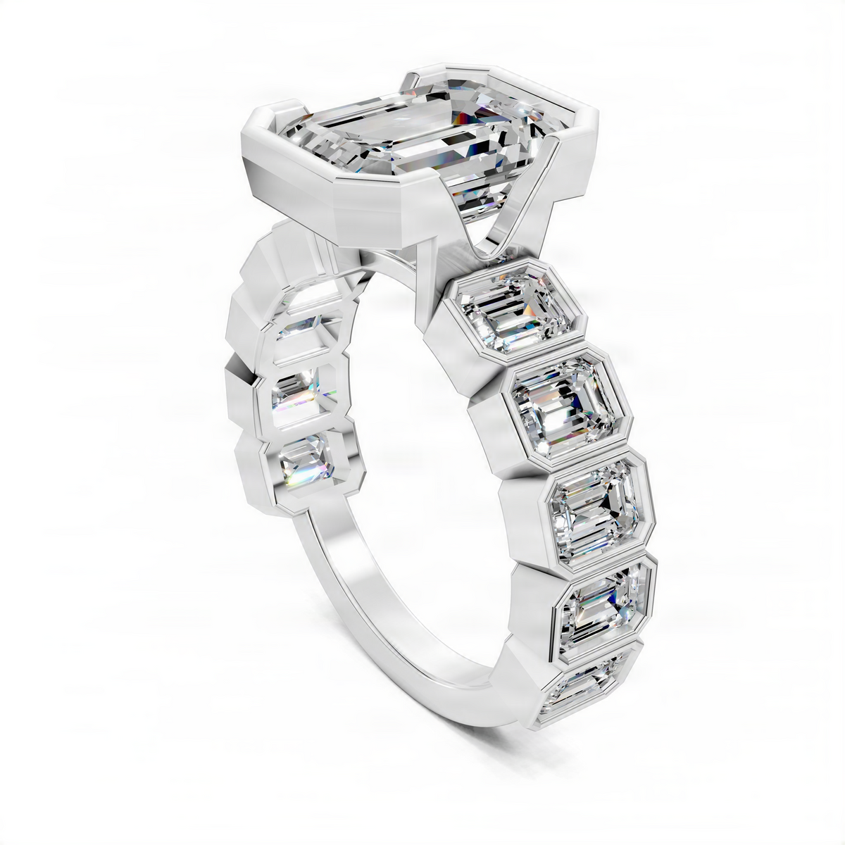 White gold engagement ring with large center stone and four emerald-cut stones on band