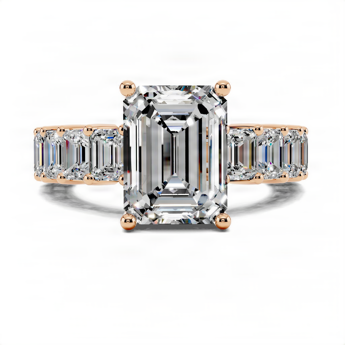 Rose gold engagement ring with large emerald-cut center and baguette pave side stones
