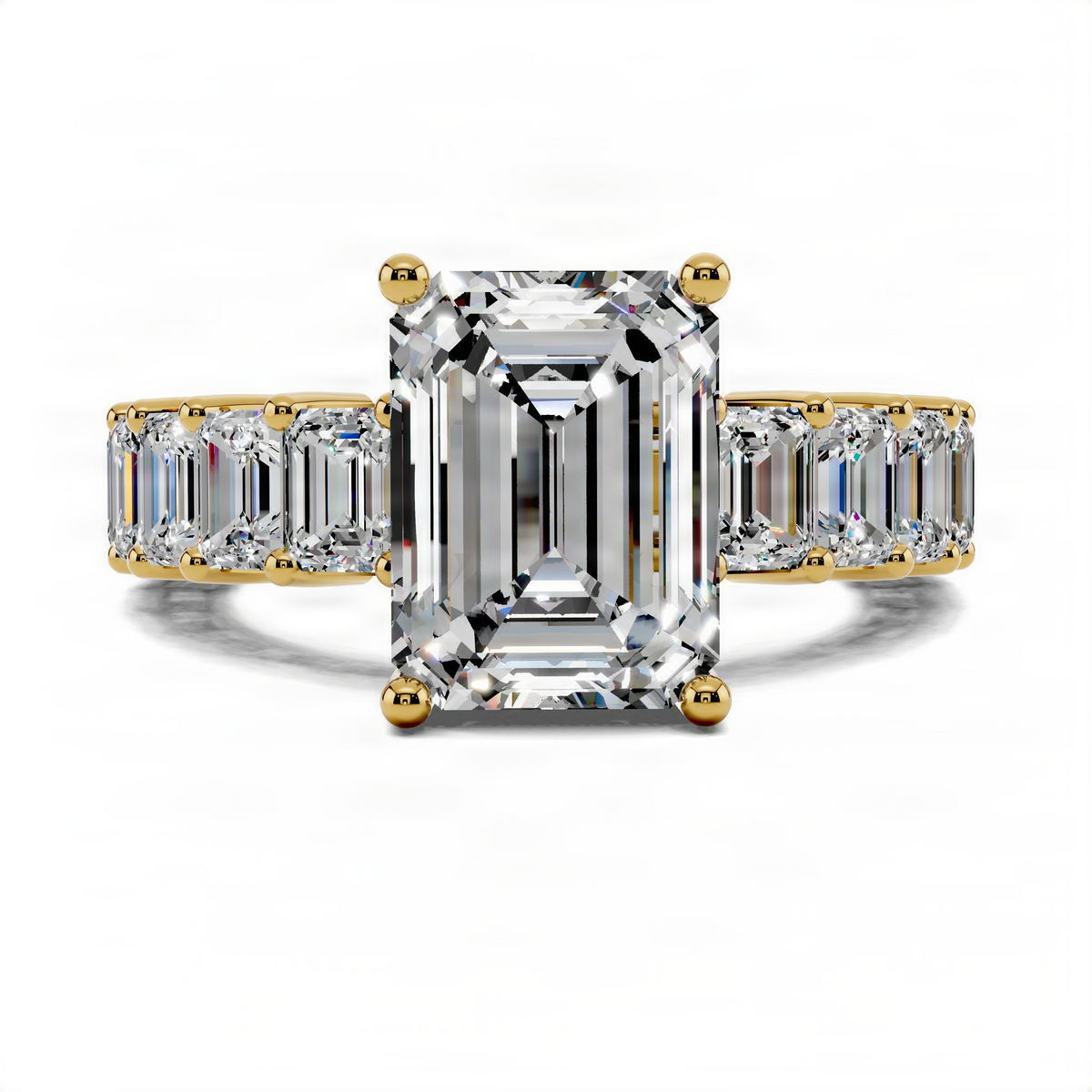 Yellow gold engagement ring with emerald-cut center and baguette pave side stones