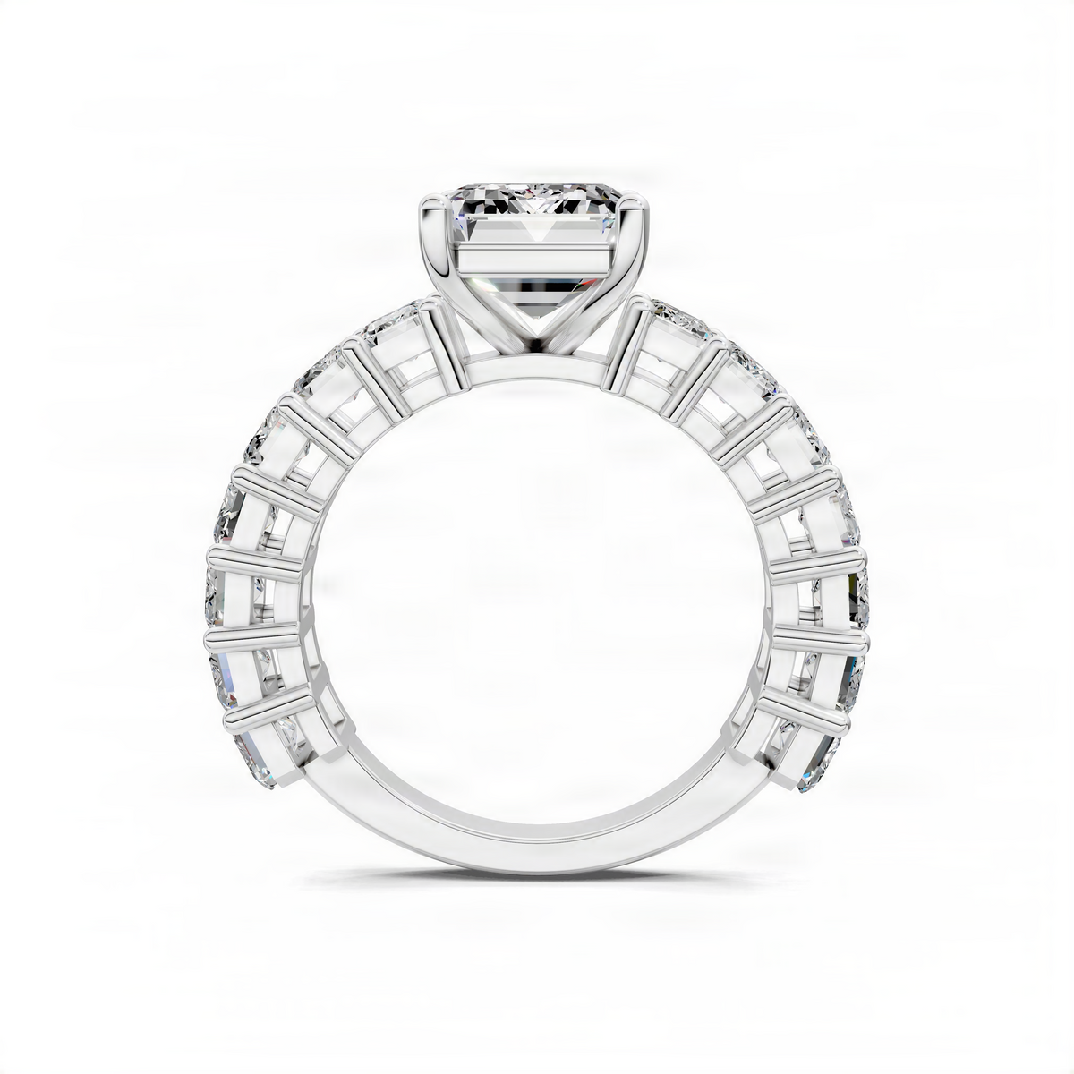 Back view of white-metal emerald-cut engagement ring with pave baguette halo and band