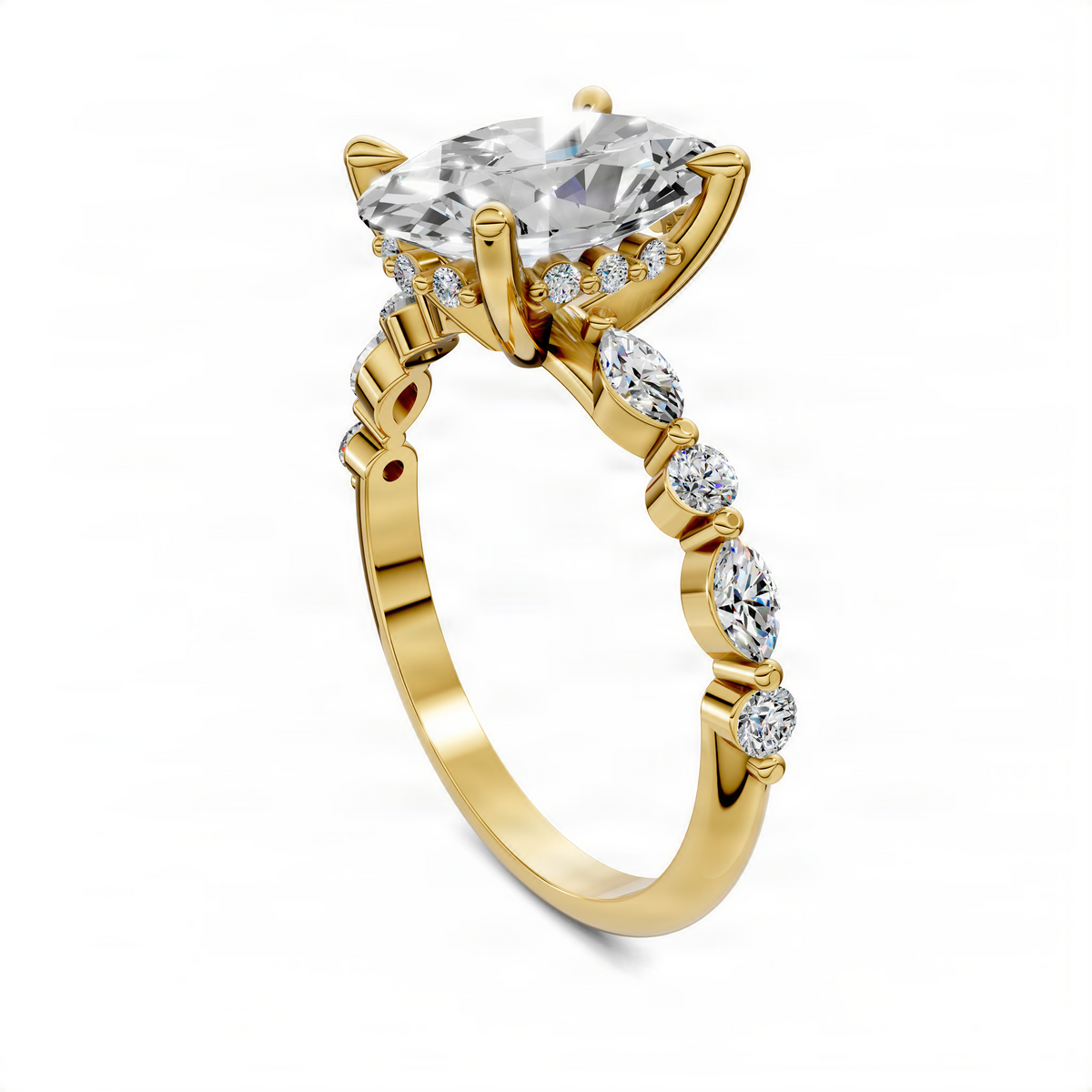 Opes round and marquise hidden halo ring in yellow gold with oval center stone and side stones
