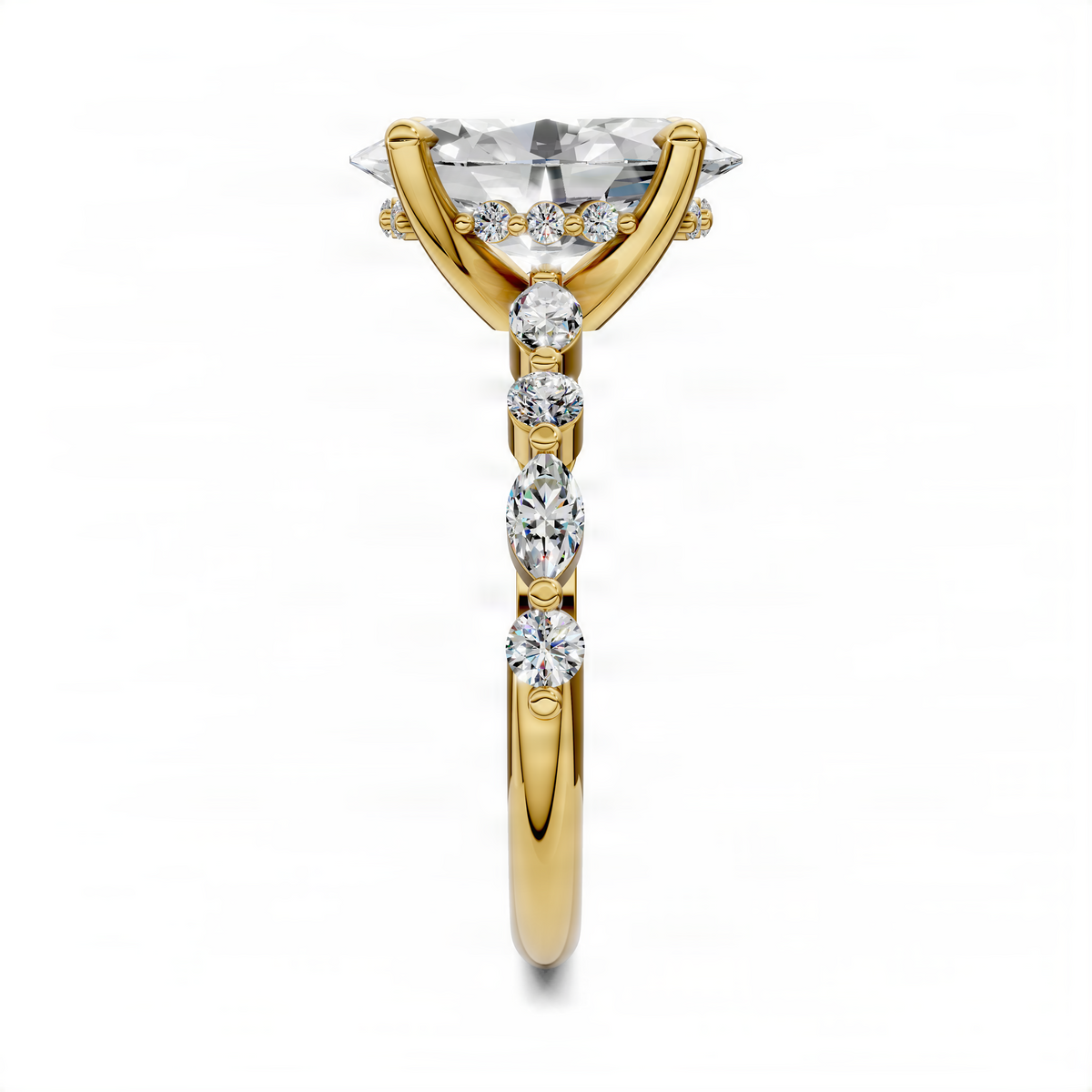 Yellow gold marquise hidden halo ring with round center and stacked stone accents