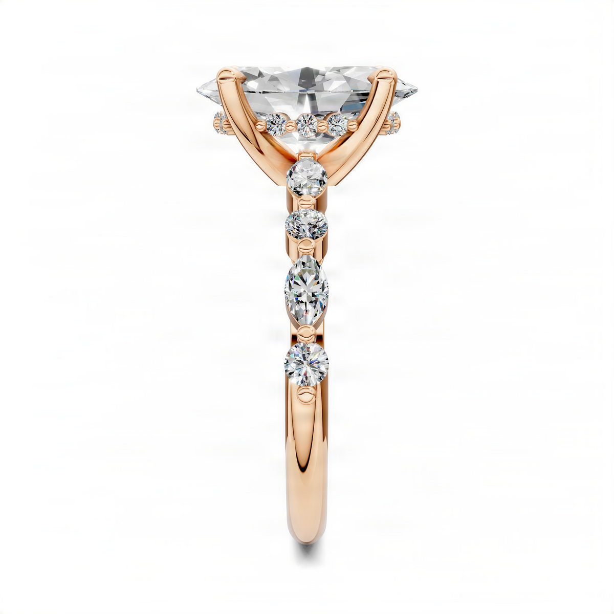Rose gold marquise hidden halo ring with round center and stacked stone accents
