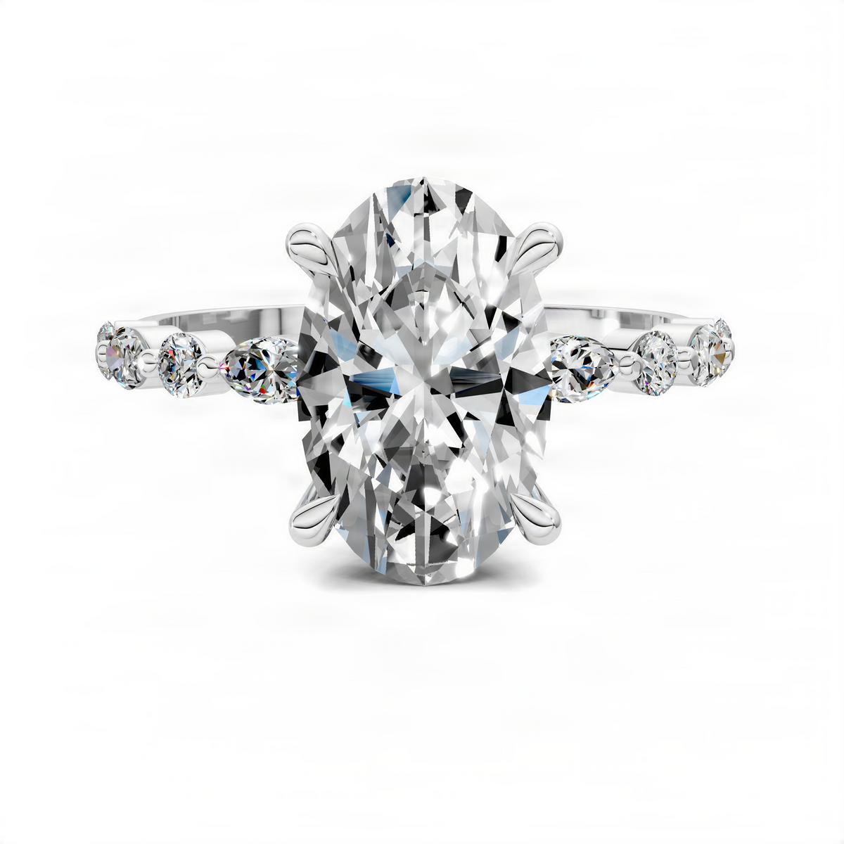 White gold hidden halo ring with oval center stone and pavé round side stones