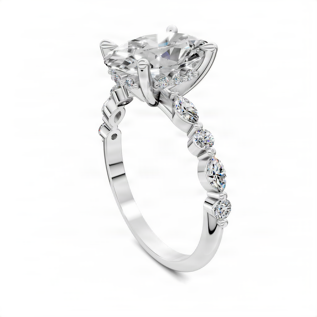 White gold round center ring with marquise hidden halo and clustered side diamonds