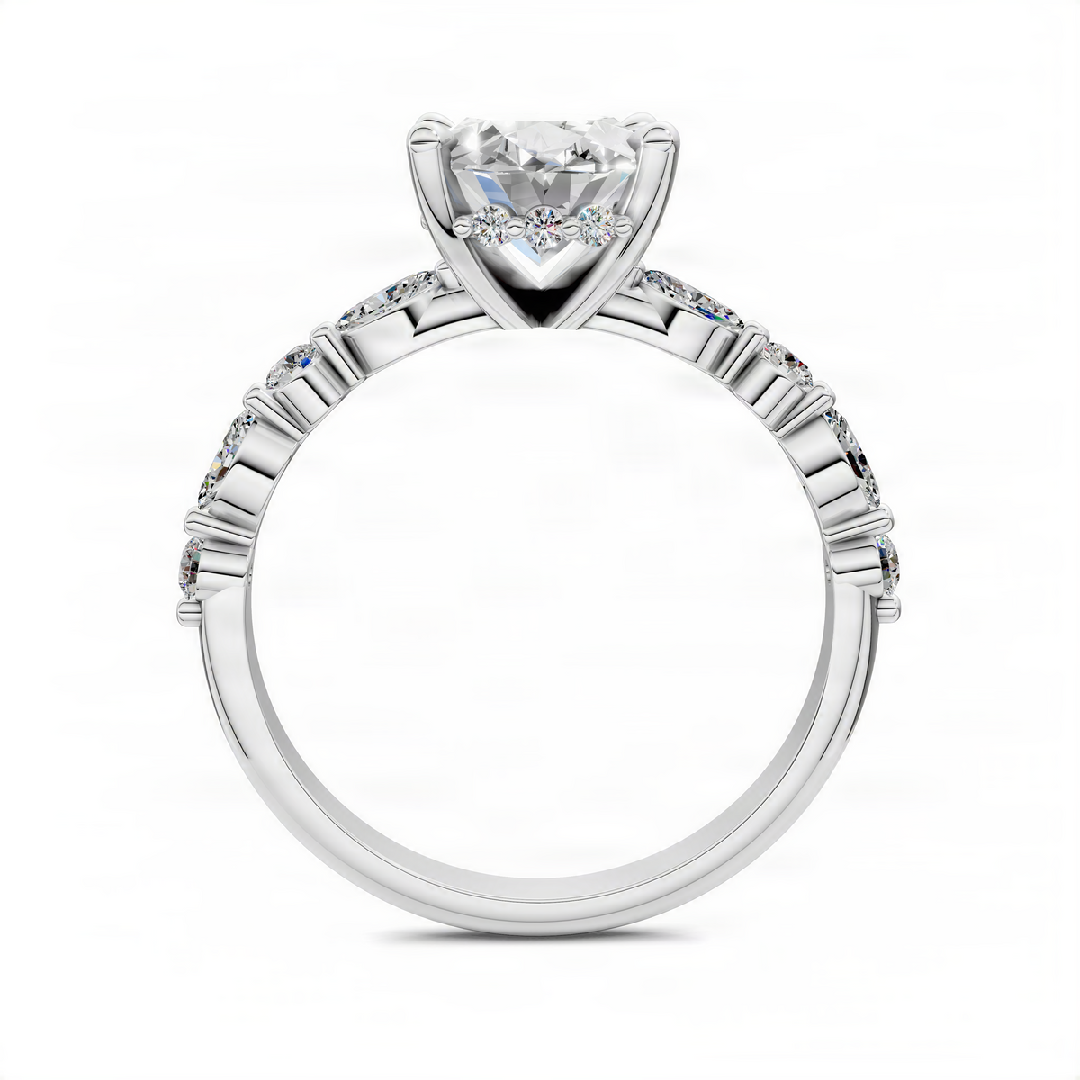 White gold hidden halo ring with round center and marquise shoulders, prong-set