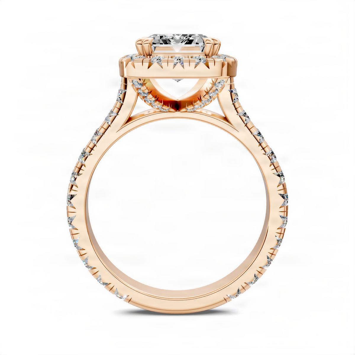 Rose gold halo cathedral ring with round diamond accents on the band