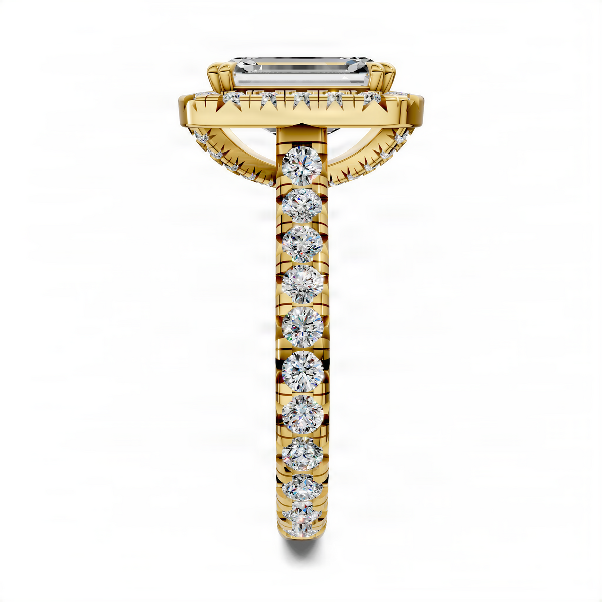 Yellow gold halo cathedral ring with baguette top stone and round diamond pave