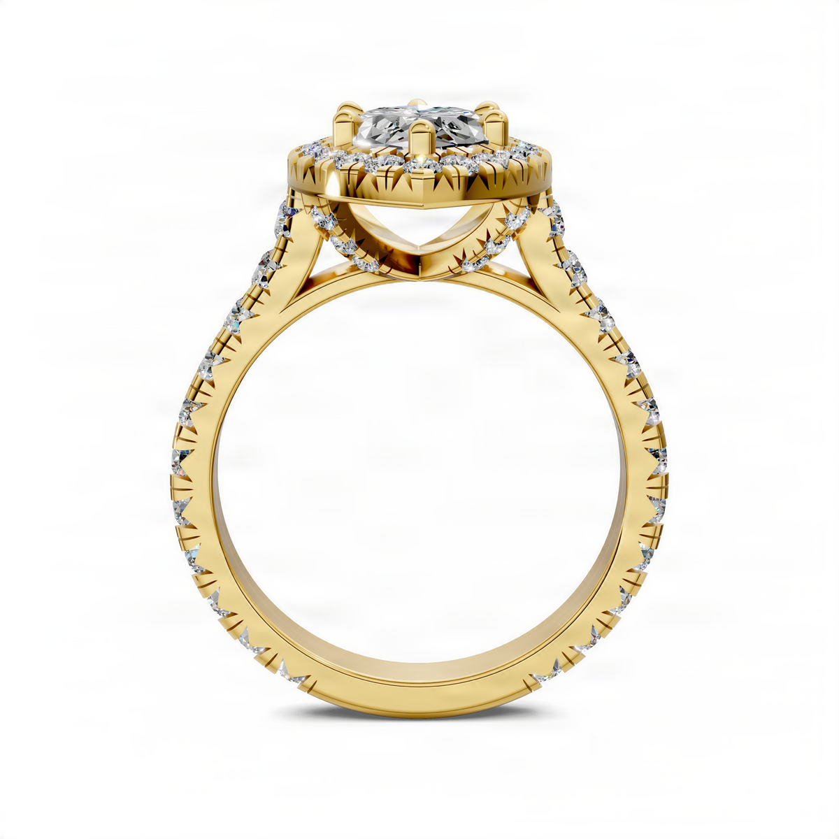 Yellow gold cathedral engagement ring with round center stone and pavé-set sides