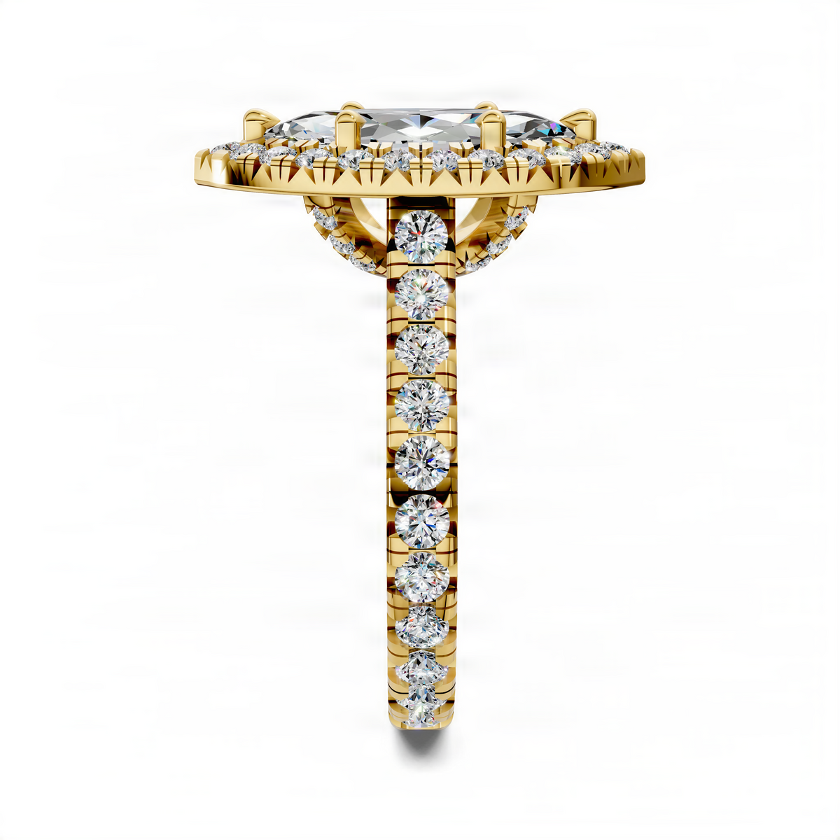 Yellow gold cathedral halo ring with round center stone and pavé diamond band