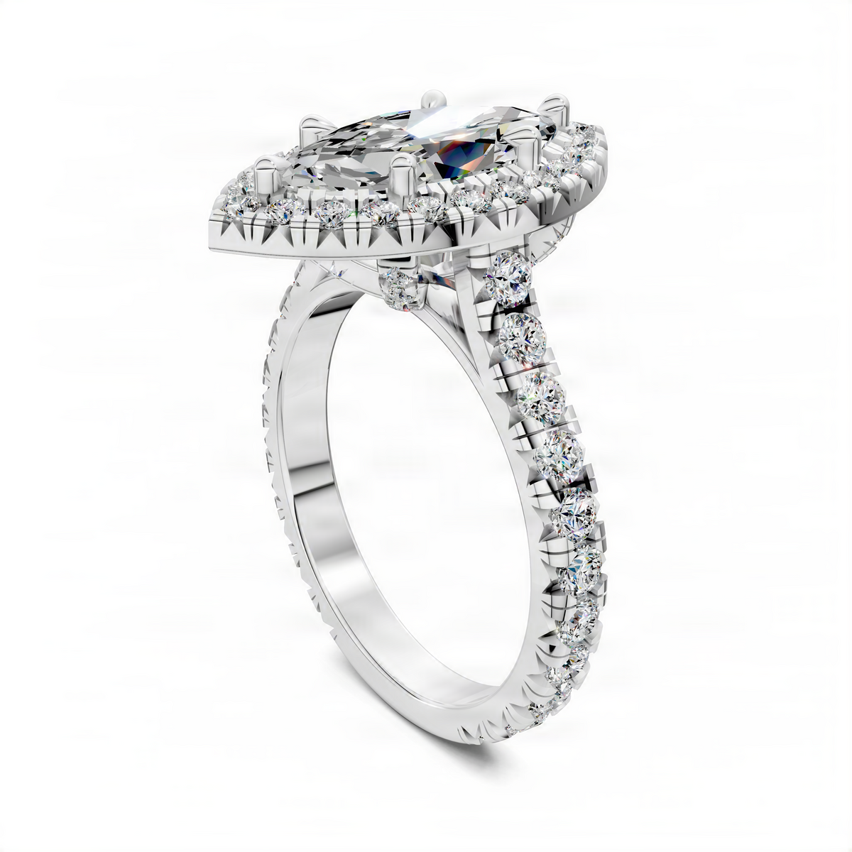 Halo cathedral ring with round center stone and pavé diamond band