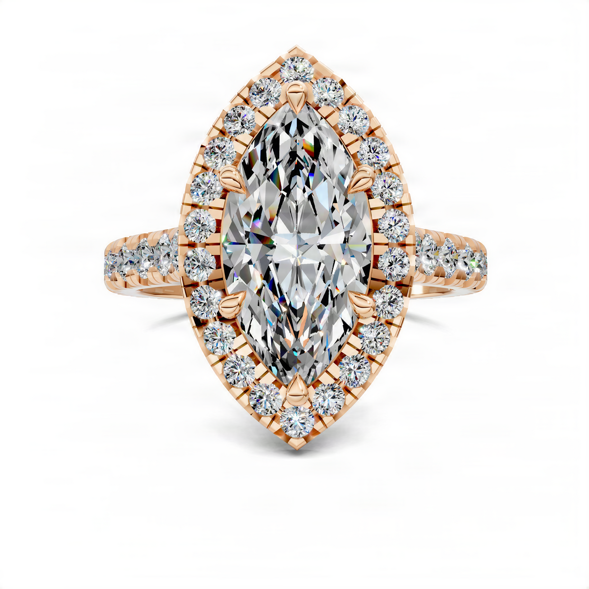 Marquise-cut halo ring with pavé round stones on a yellow gold band