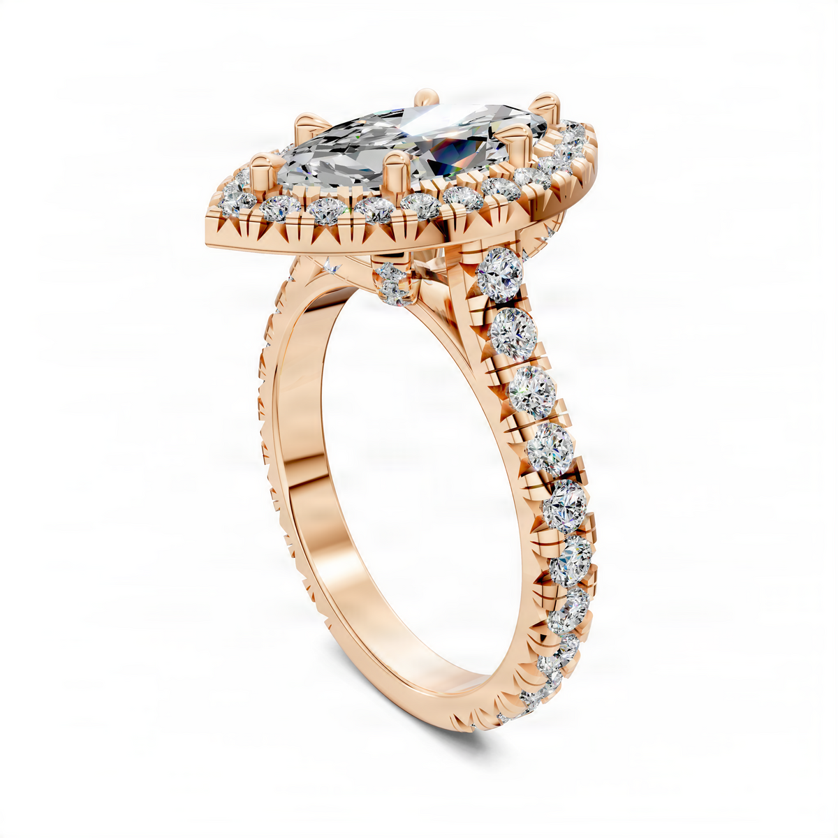 Halo cathedral ring in rose gold with oval center stone and pavé stone band