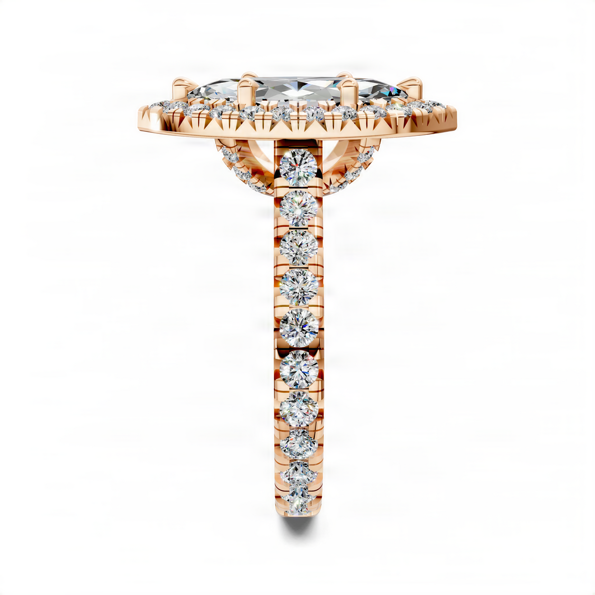 Halo cathedral ring in yellow gold with a round center stone and pavé diamond band
