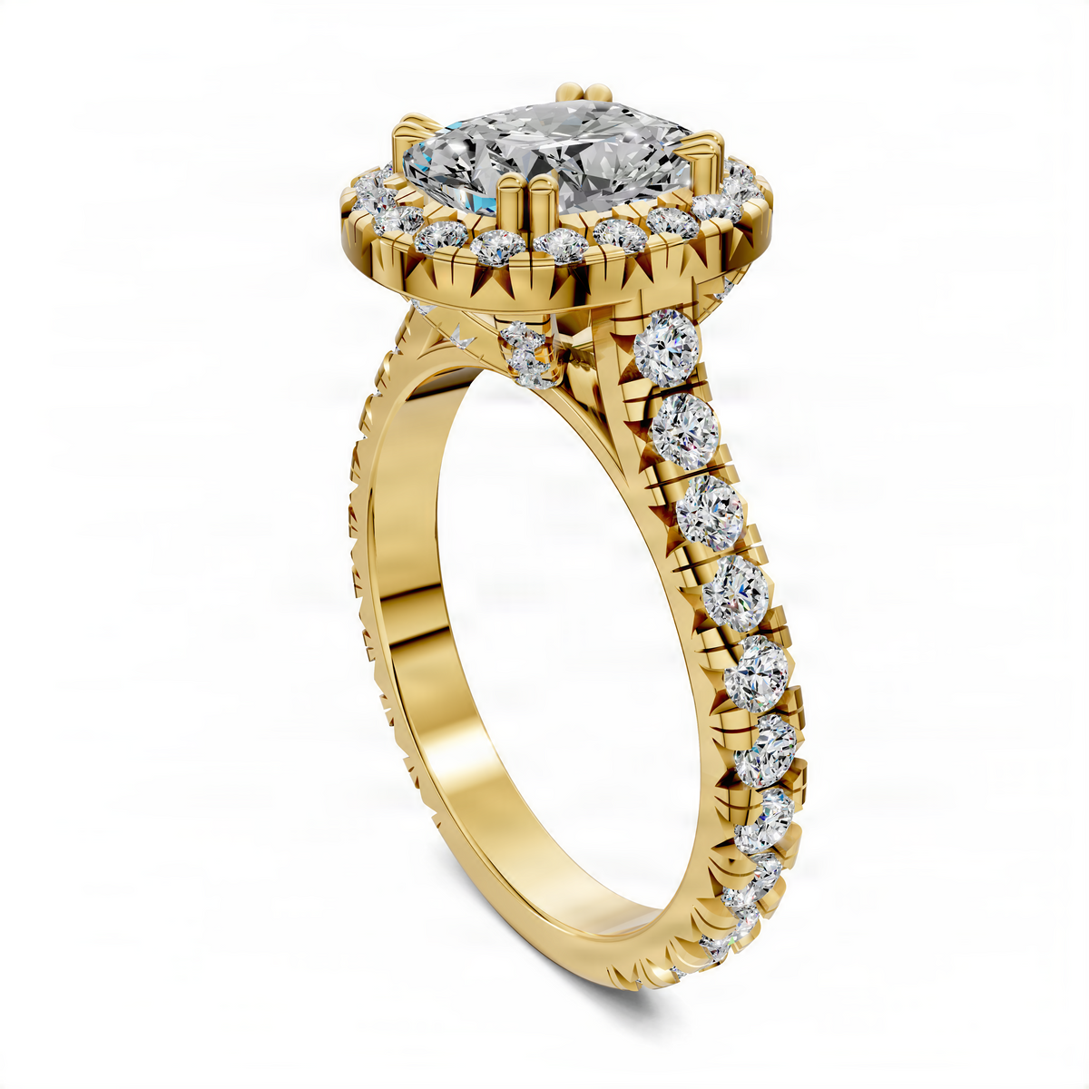 Opes halo cathedral ring in yellow gold with round diamond halo and channel-set diamonds
