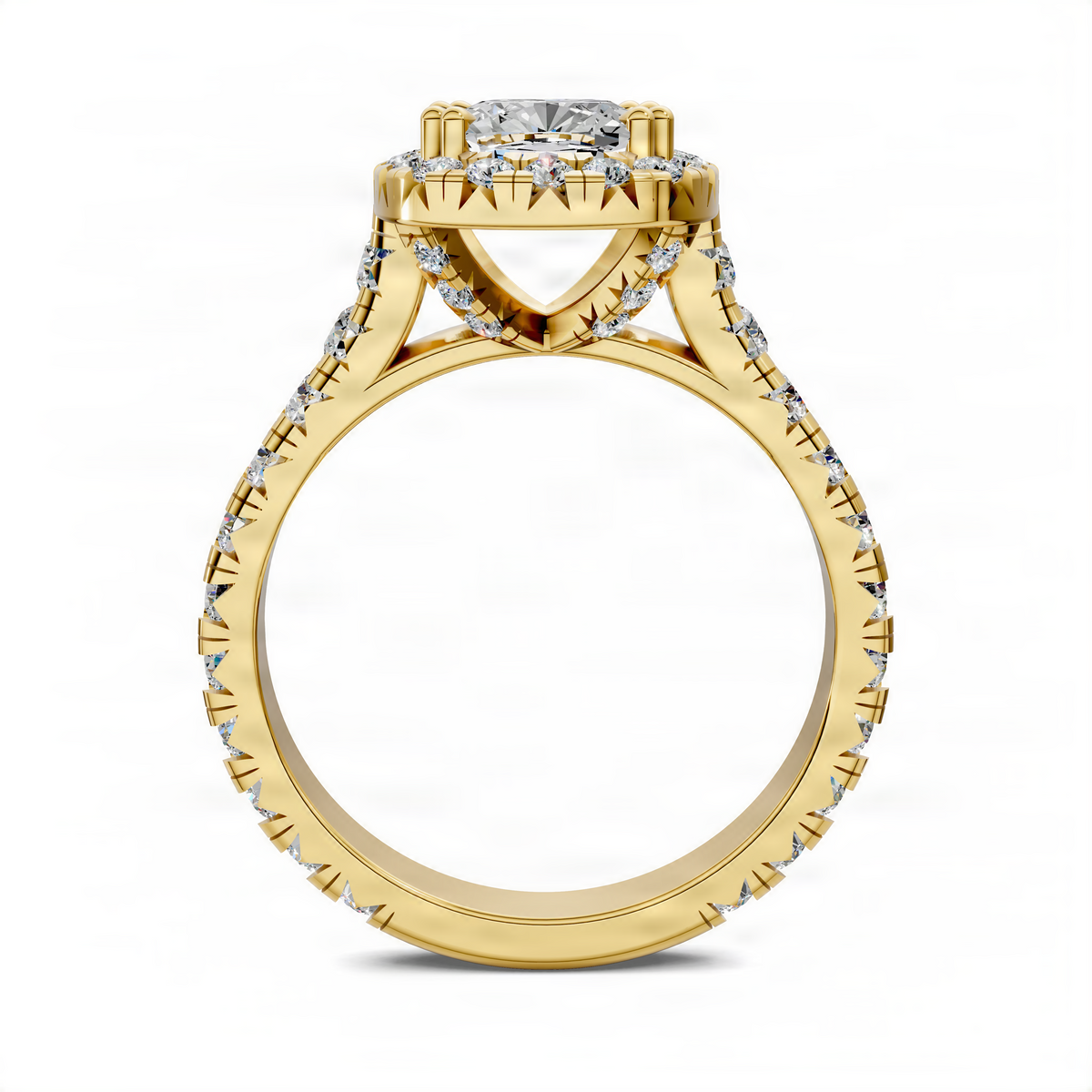 Opes halo cathedral ring in yellow gold, side view with diamond halo and prong details