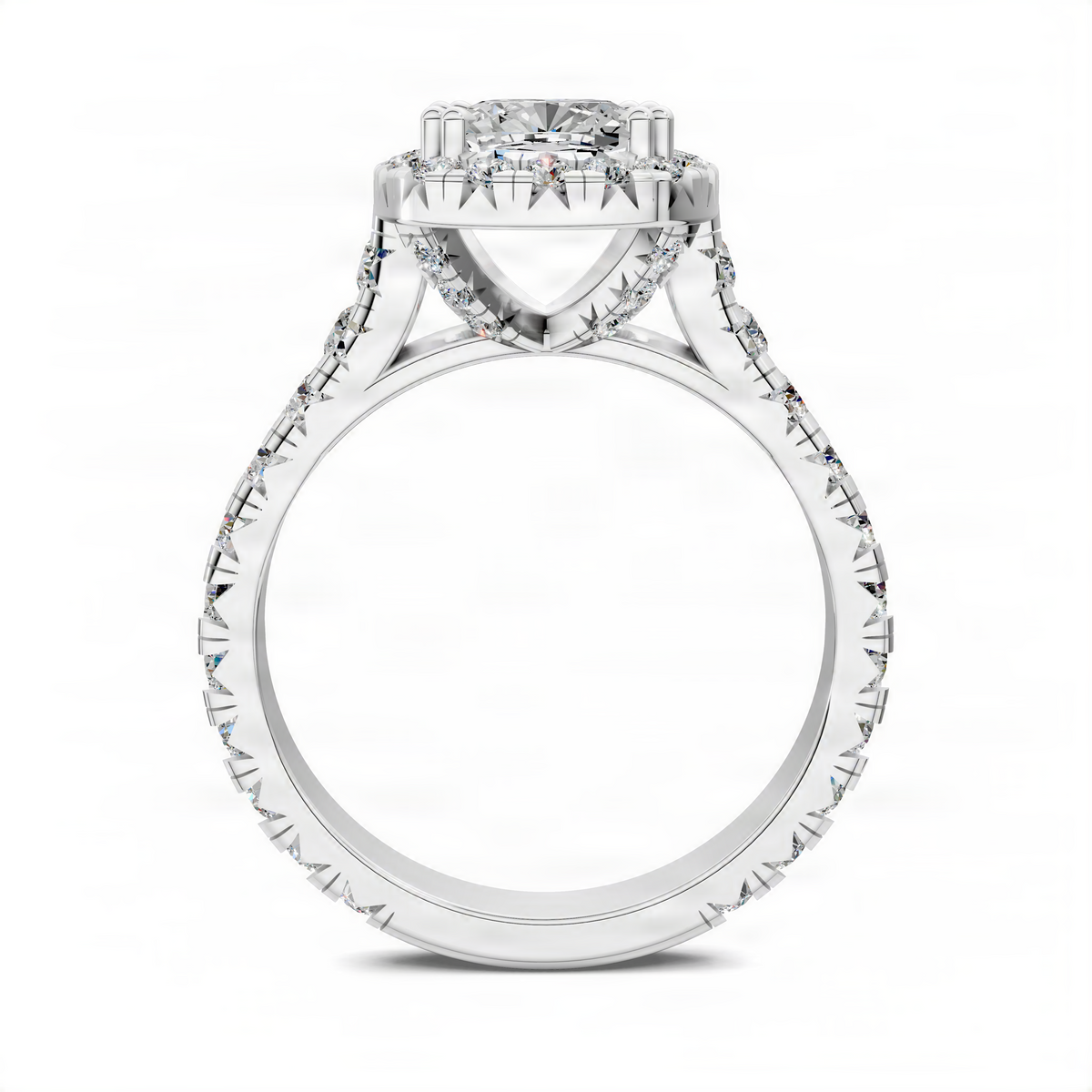 Opes halo cathedral ring in white gold, side view with diamond halo and cathedral setting