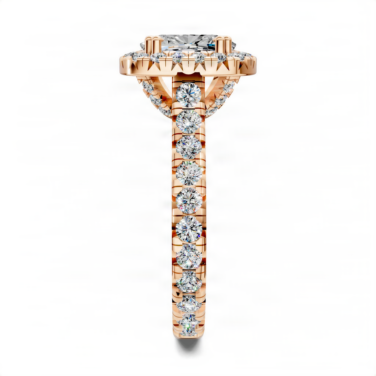 Opes halo cathedral ring in rose gold with round halo and vertical round diamond accents
