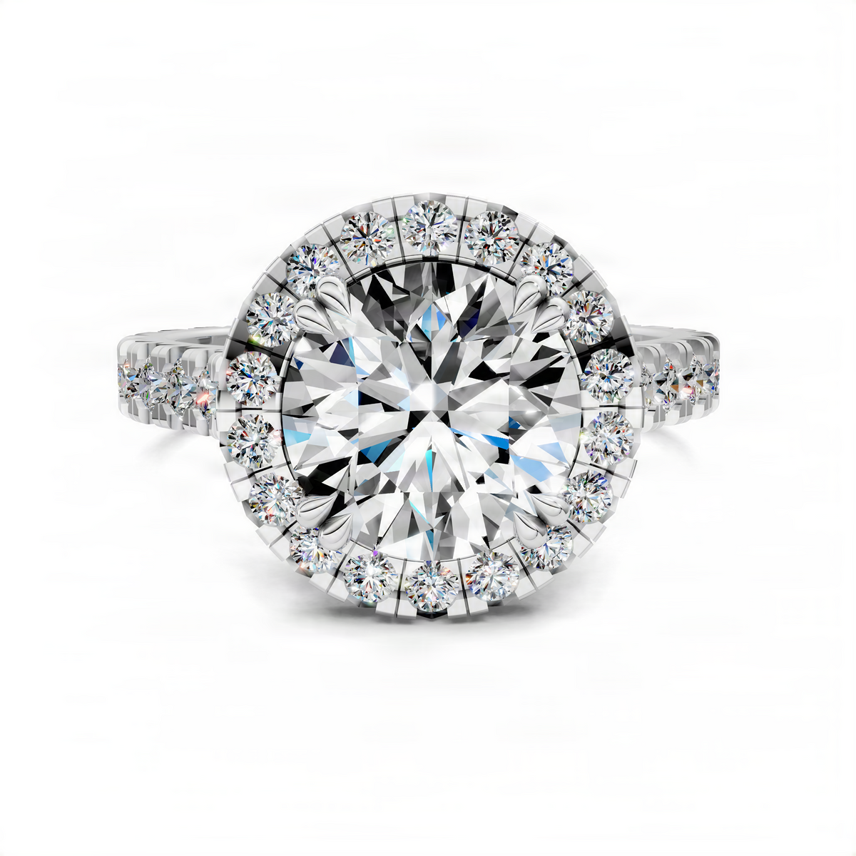 Halo cathedral ring with round center stone and pavé halo in white metal