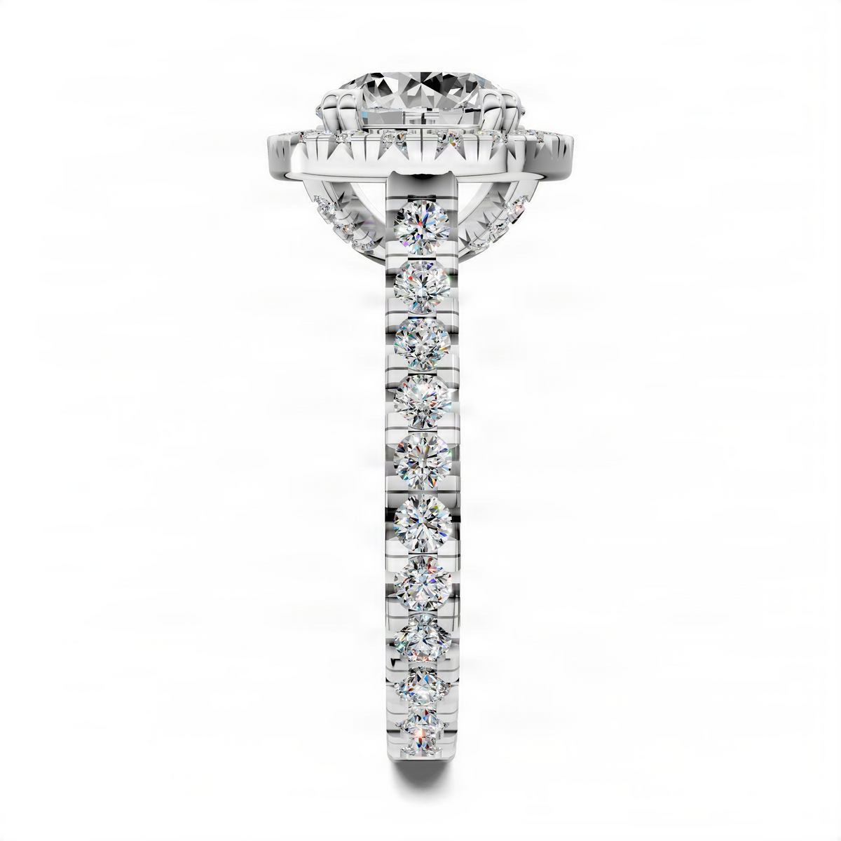 Halo cathedral ring in white metal with round center stone and pavé band, side view