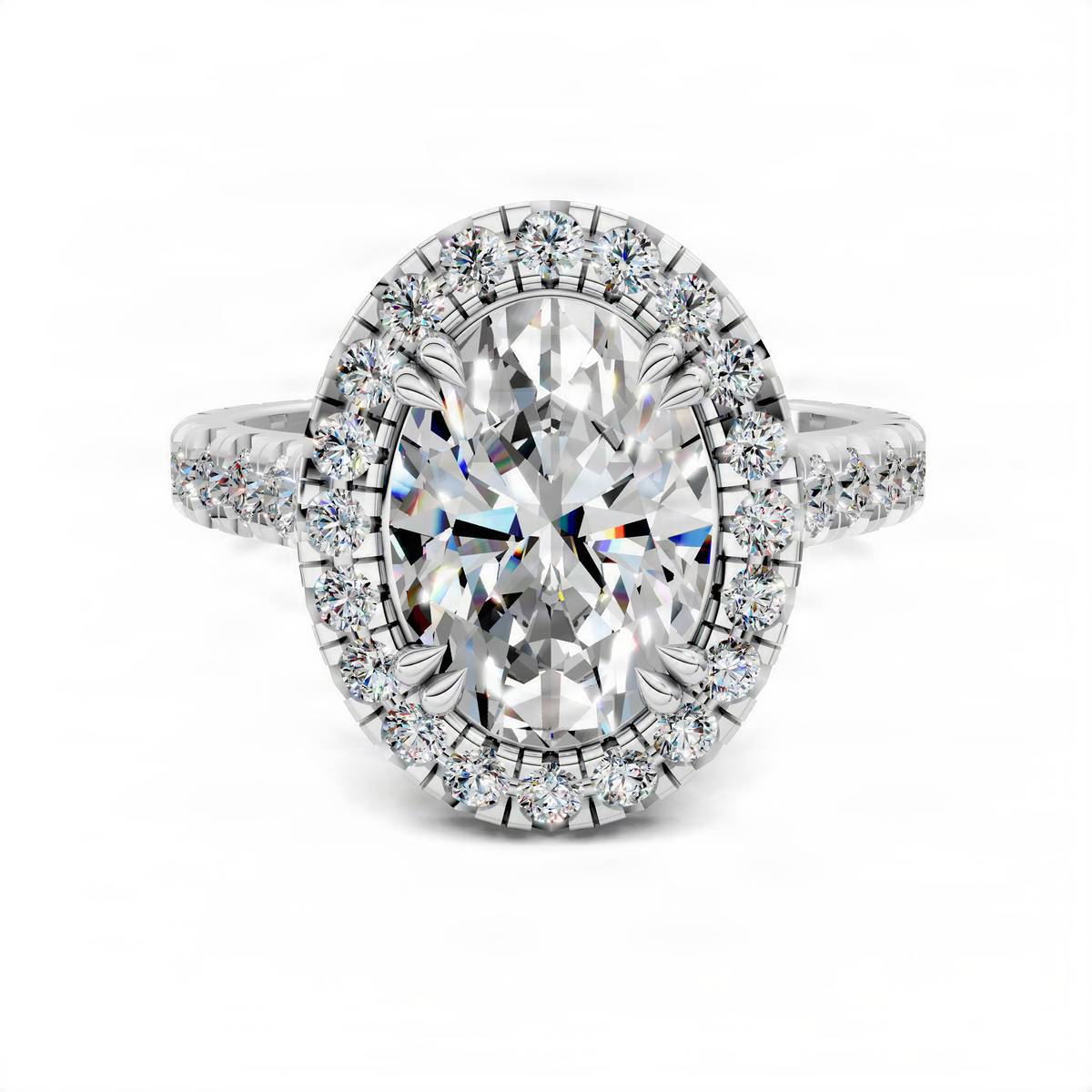 Oval halo cathedral ring with center stone and pavé band