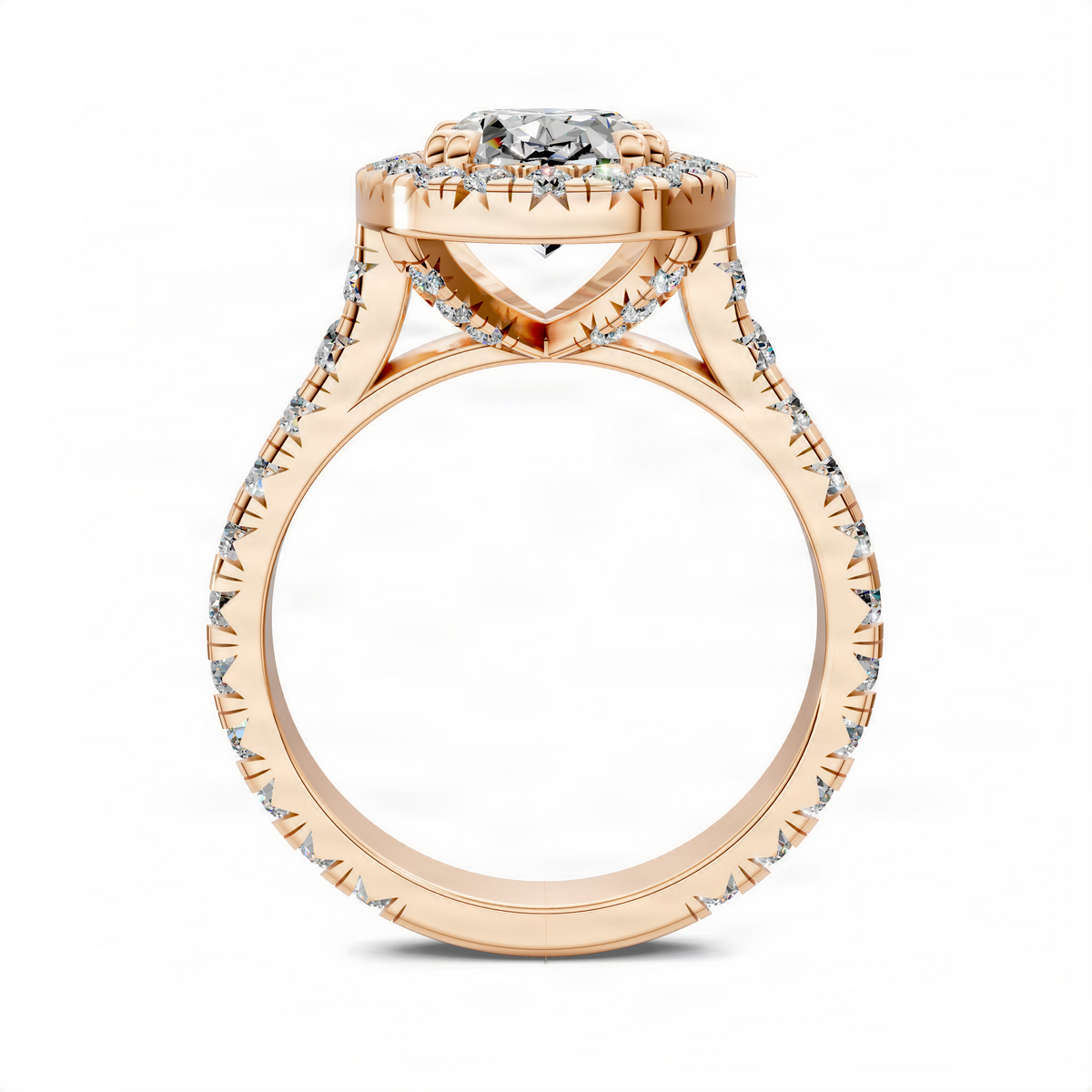Halo cathedral ring in yellow gold with round center stone