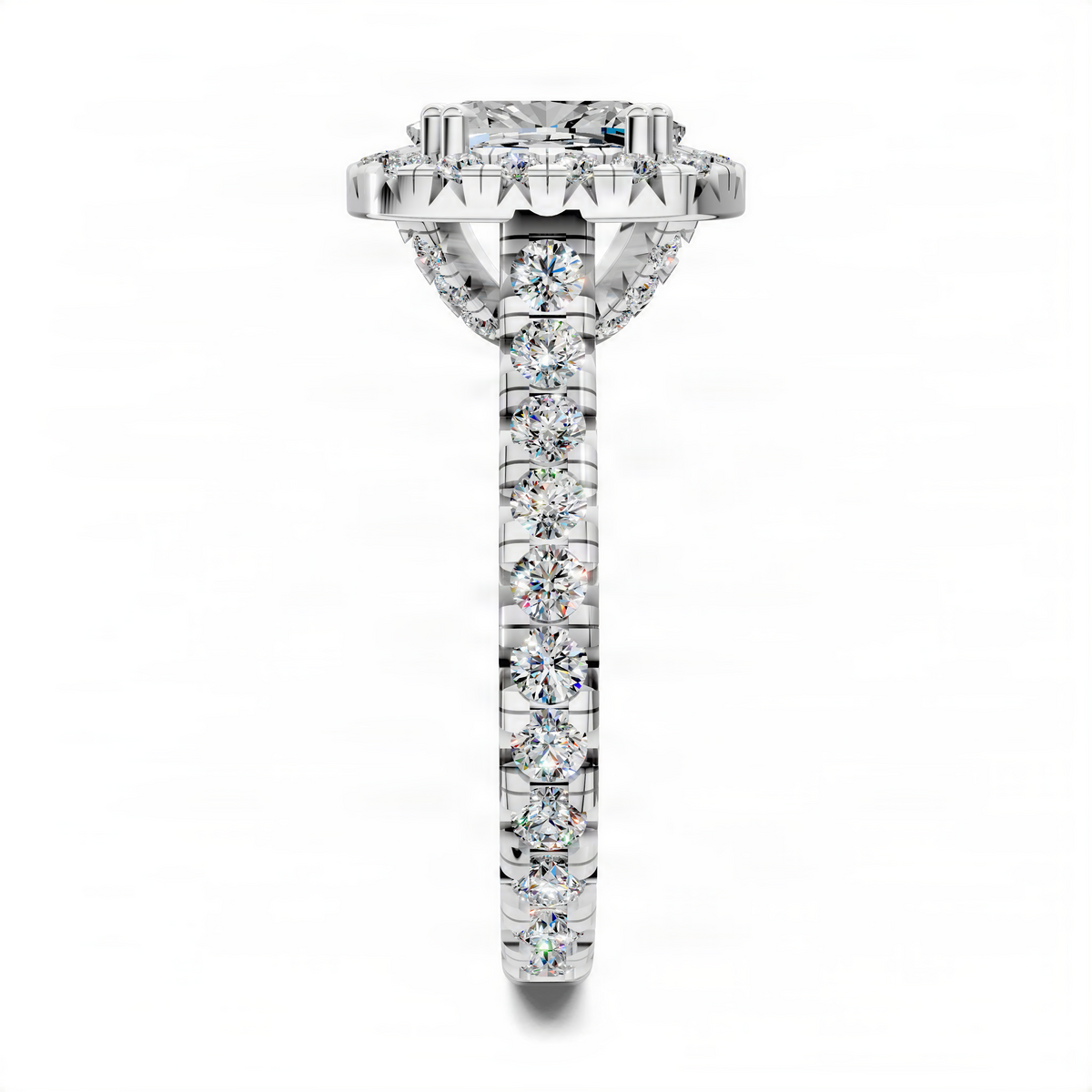 White metal cushion halo engagement ring with prong-set center and stacked sidestones