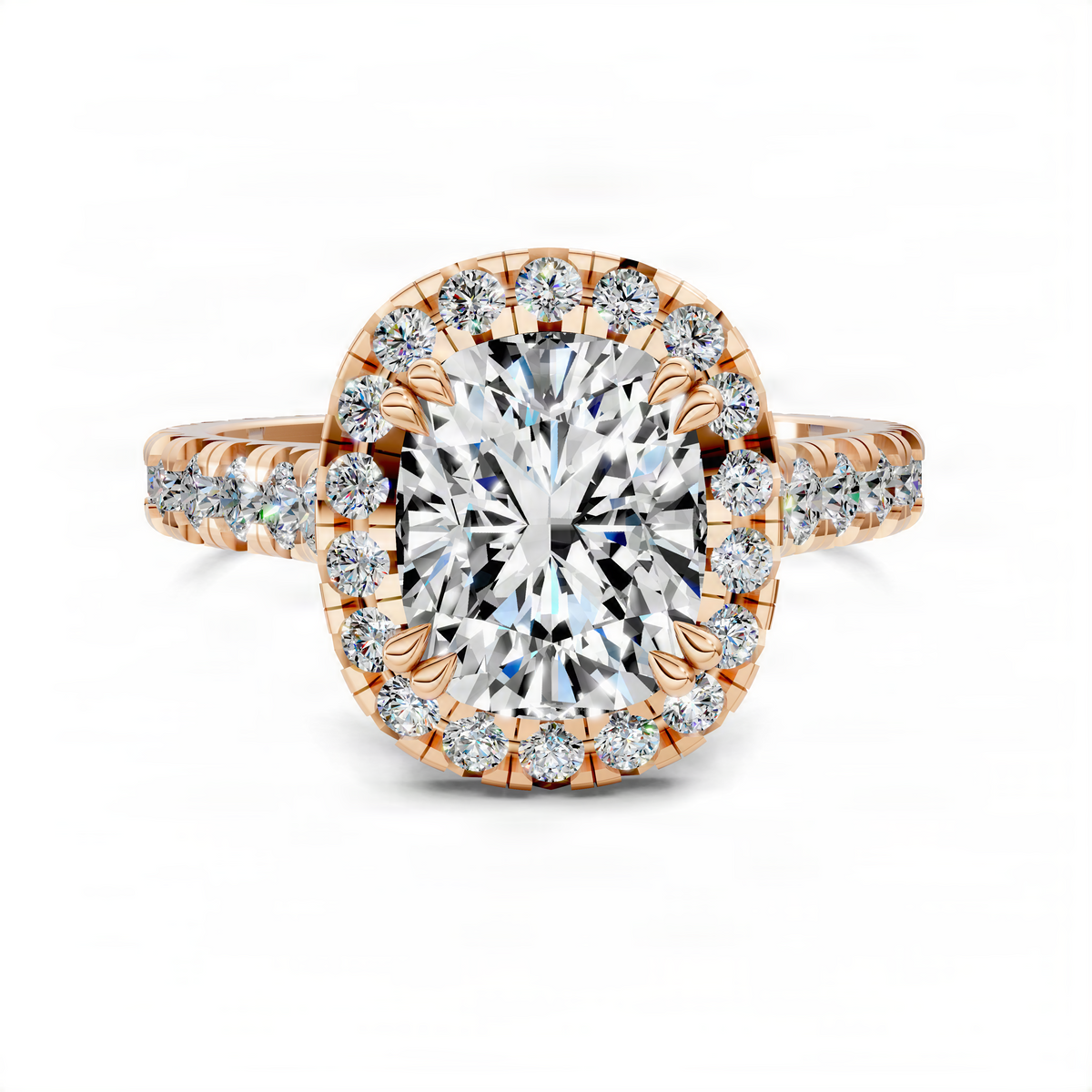 Rose gold cushion halo diamond engagement ring, front view with large center diamond