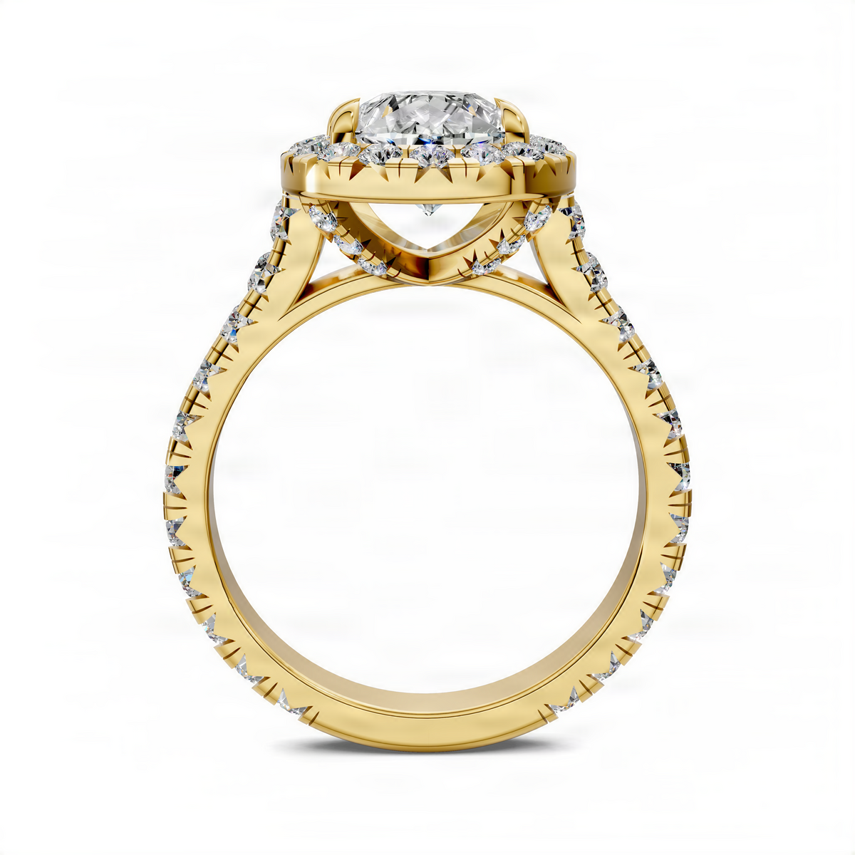 Yellow gold halo cathedral diamond engagement ring side view with round stone clusters
