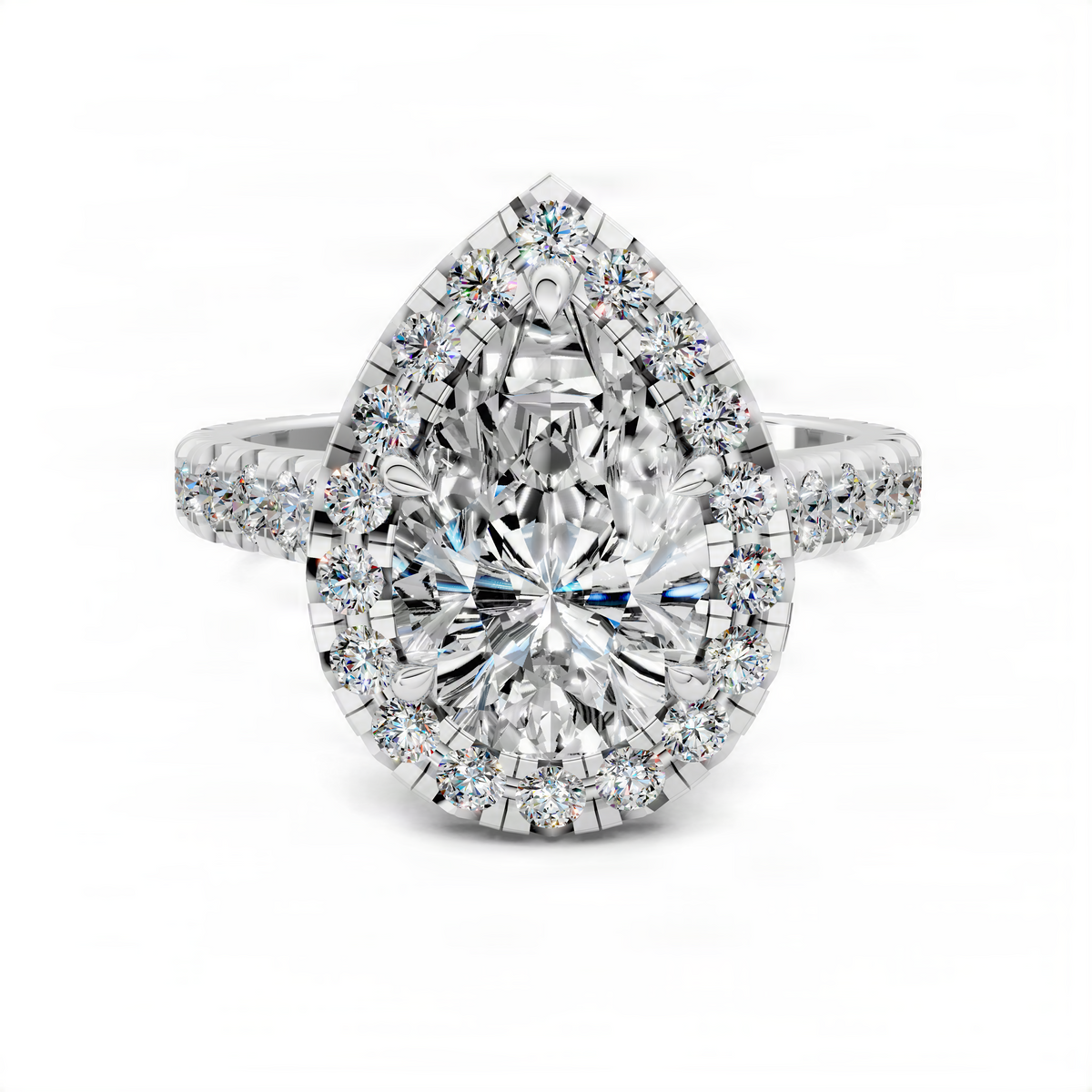 Platinum teardrop halo engagement ring with large center diamond and round diamond border