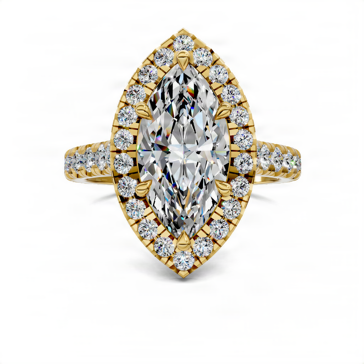 Gold marquise center ring with round halo stones and split cathedral band